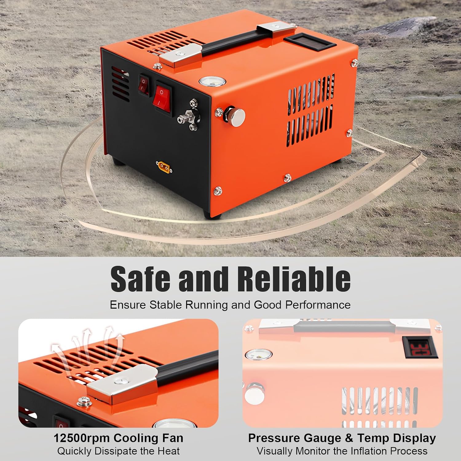 12V 30Mpa Electric Air Compressor, 300 Bar 4500Psi Portable Built-in Transformer Air Compressor Air-Gun High Pressure Pump Transformer with Fan Cooling System & LED Display