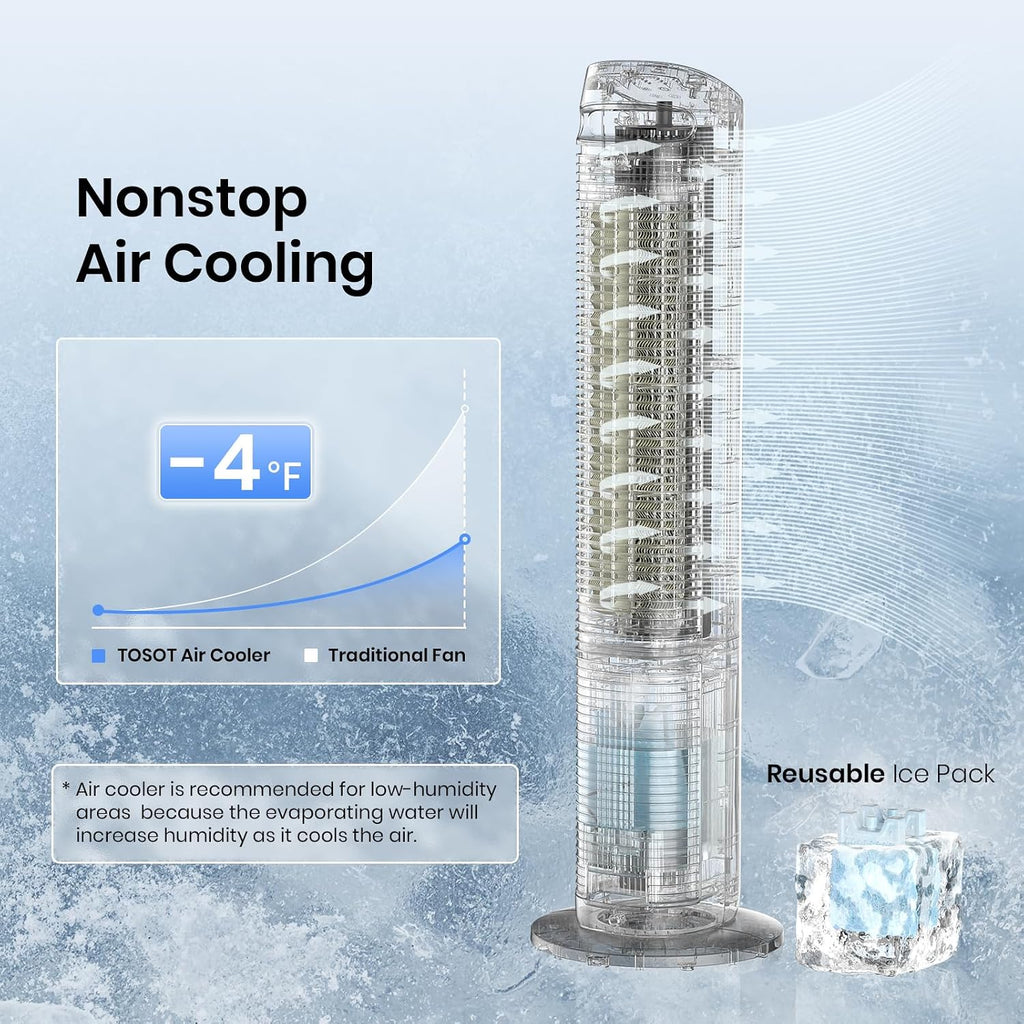 TOSOT Evaporative Air Cooler, 43' Tower Fan Oscillating 80°, 3 Speed Quiet Cooling Fan with 2 Ice Packs, Remote Control, Removable 4L Water Tank, Mist Floor Fan for Home Bedroom
