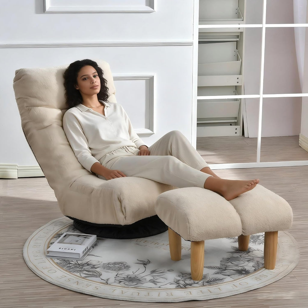 360° Swivel Floor Gaming Chair, Floor Chair, 14 Adjustable Head Segments 3 Waist Segments, Ergonomic Recliner for Gaming Reading Living Room, Includes Footrests (White)
