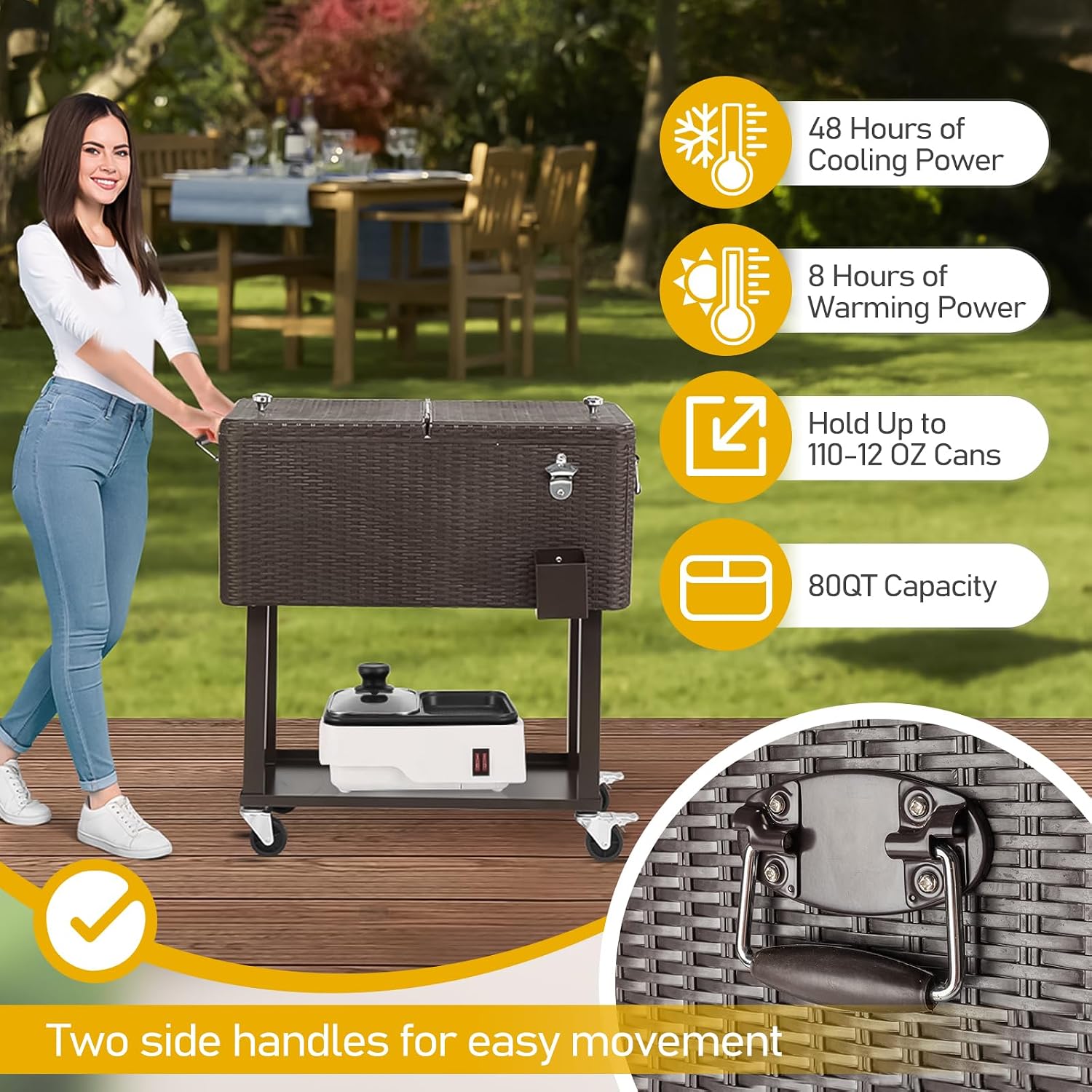 Outvita 80 Quart Rolling Ice Chest, Portable Bar Drink Cooler with Catch Basin, Bottom Storage Tray and Bottle Opener for Patio Party BBQ Beach Activities