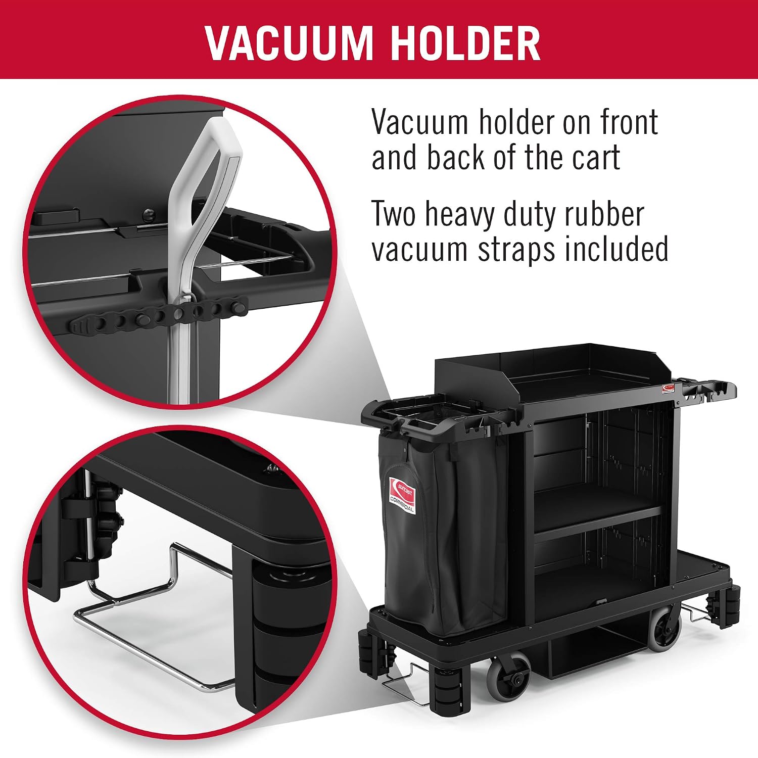 Suncast Commercial Standard Housekeeping Cart with Hanging Bag, Integrated Cleaning Tool Storage, 4-Tier Design, 56' Height x 22' Width, Made in The USA