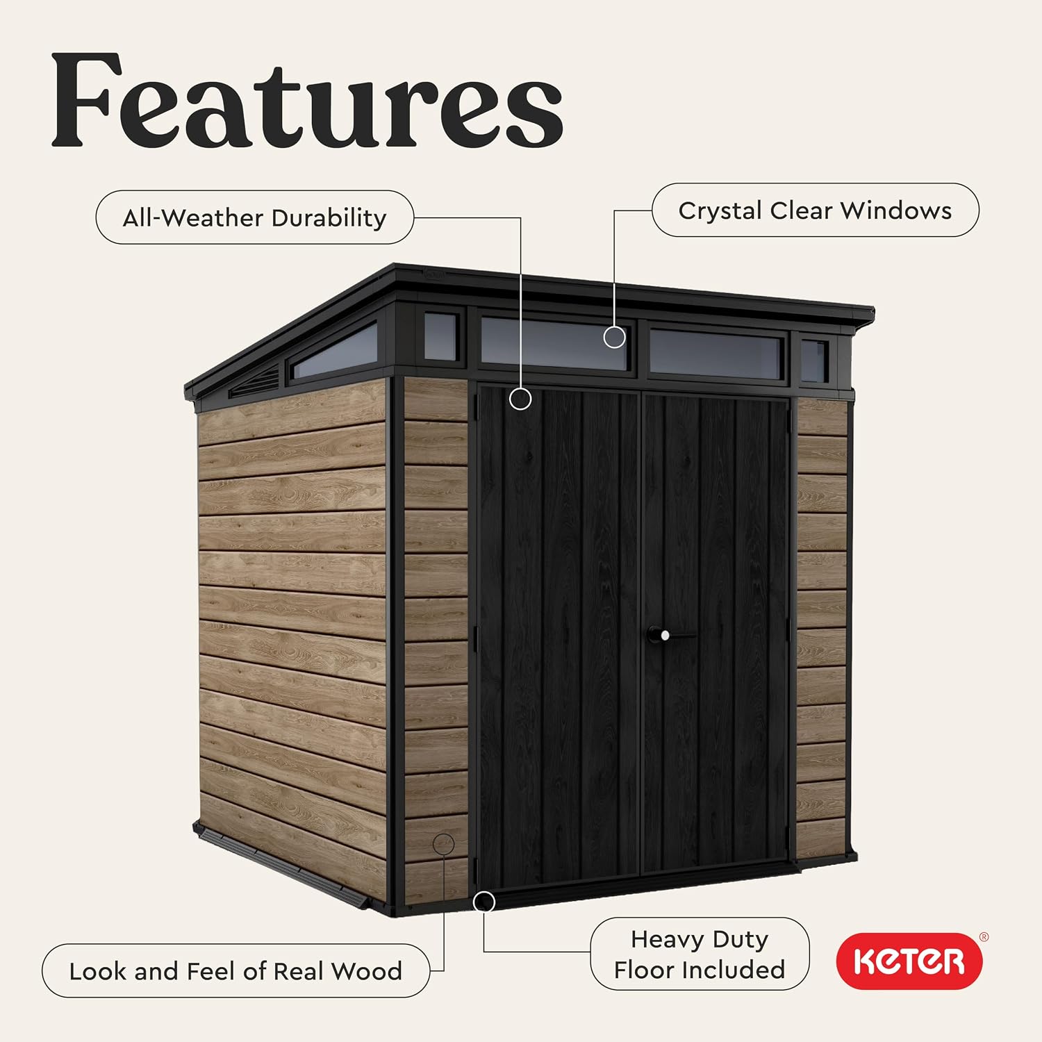 Keter Signature Collection 7x7 Ft All-Weather Storage Shed with Skylight, Window, Built-in Ventilation, & Lockable Double Doors, Ashwood
