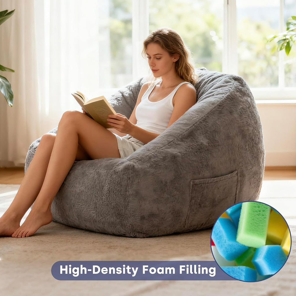 SUNBURY 47' L-Shaped Bean Bag Chair with Armrests, Ergonomic Memory Foam Floor Lounger, Cozy Gamer Chair with Side Pocket & Carry Handle, Washable Faux Fur Cover for Living Room & Dorm, Grey