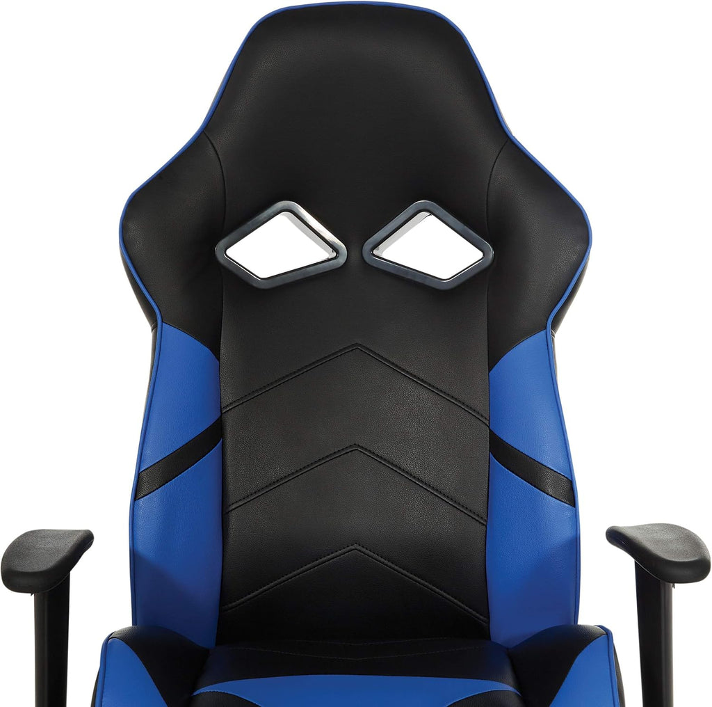 OSP Home Furnishings Vapor Ergonomic Adjustable High Back Faux Leather Gaming Chair with Coil Spring Seat and Integrated Cooling Airflow, Blue Accents