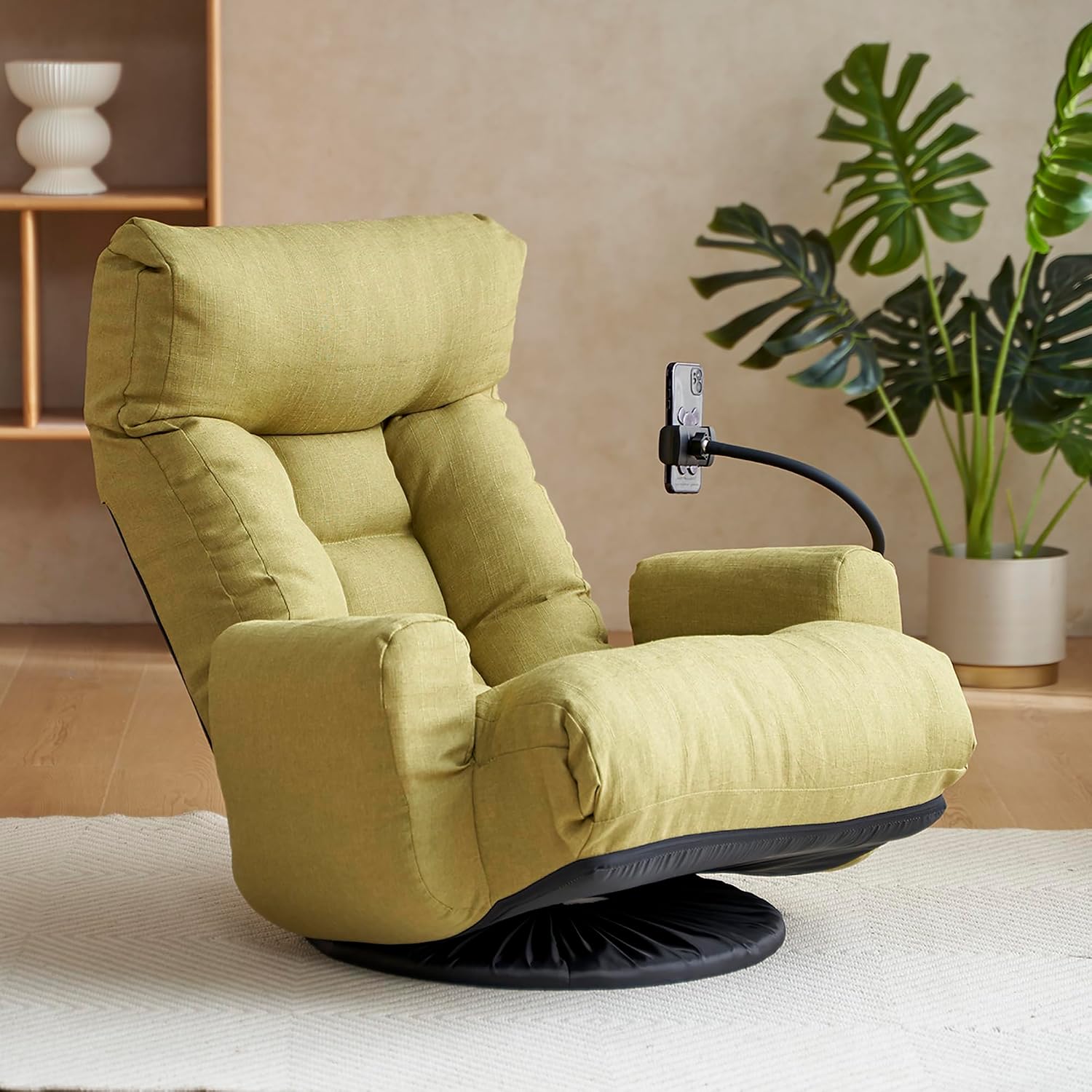 360° Swivel Floor Gaming Chair Linen Folding Chaise Lounge Chair Adjustable Comfy Sofa Chair with Armrests, Phone Holder & Padded Cushion, Ideal for Living Room, Bedroom (Green)