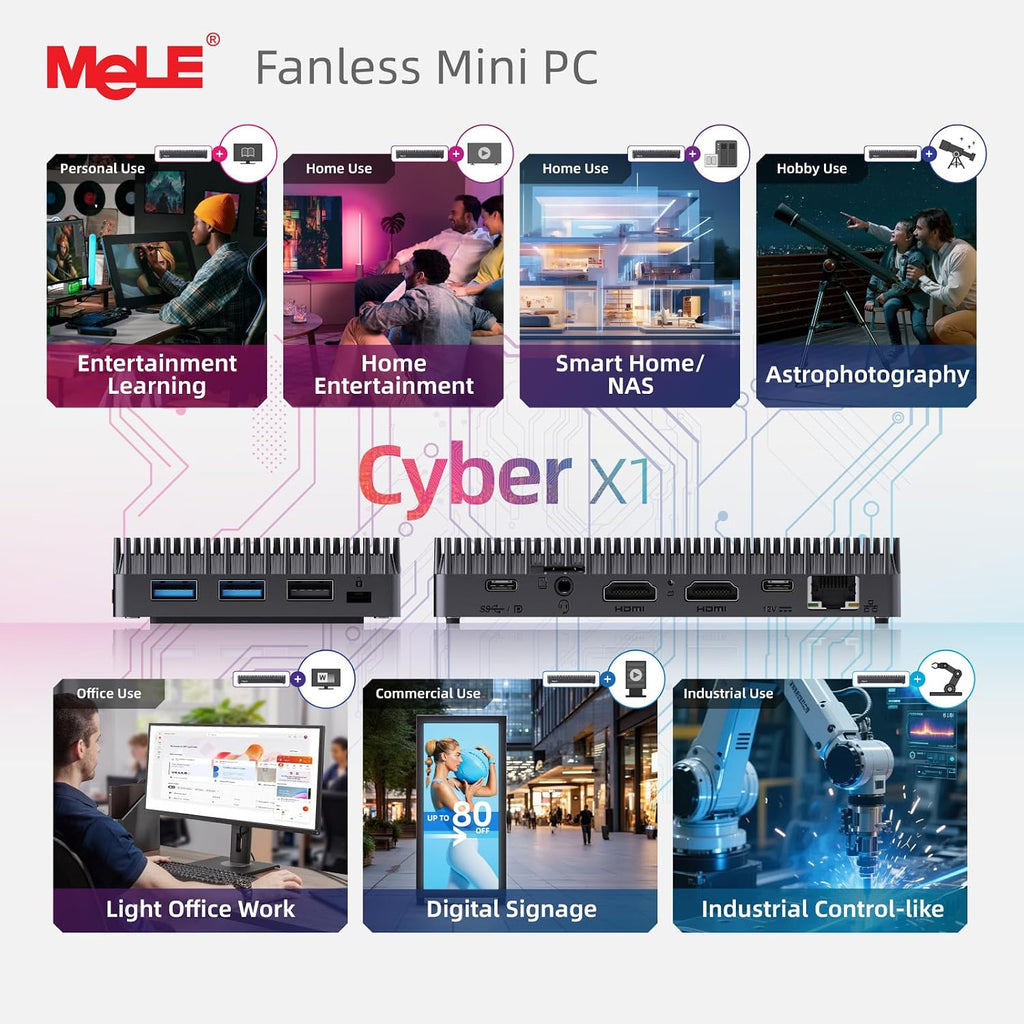 MeLE Mini PC Cyber X1 - N150, Fanless PC, 8GB RAM, 128GB Storage, 2.4/5G Wi-Fi, Full-Functional USB-C, 4K Triple Display Desktop on Home, Office, Education, Astrophotography