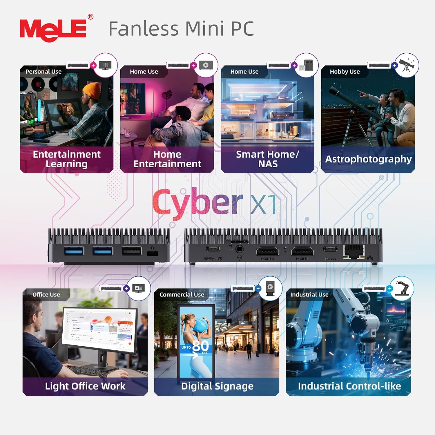 MeLE Mini PC Cyber X1 - N150, Fanless PC, 8GB RAM, 128GB Storage, 2.4/5G Wi-Fi, Full-Functional USB-C, 4K Triple Display Desktop on Home, Office, Education, Astrophotography