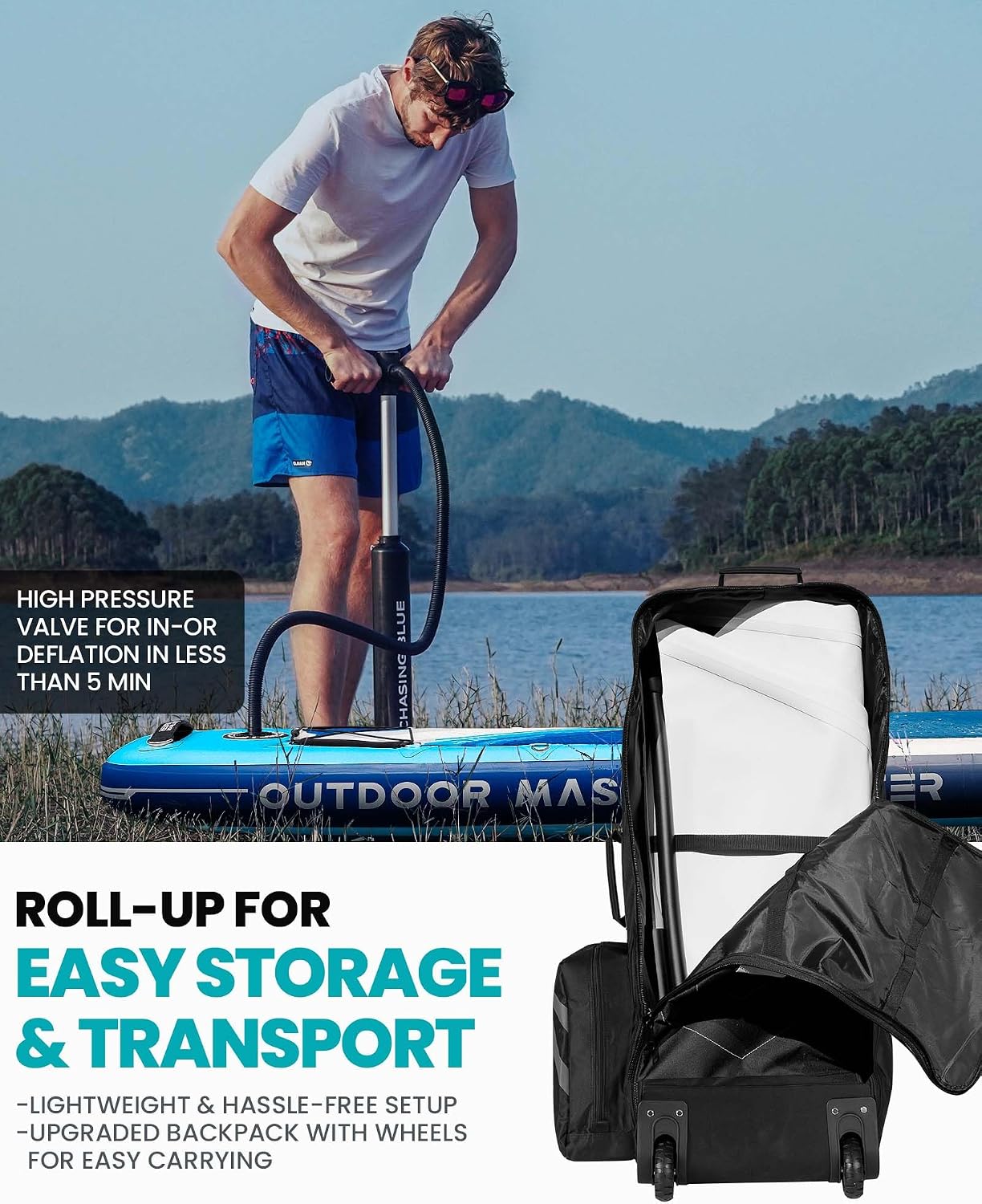 Inflatable Stand Up Paddle Board, Premium OutdoorMaster SUP Board Set with Backpack, Coil Leash, Pump, Paddle, Fins, Kayak Paddle Boards for Adults & Youth