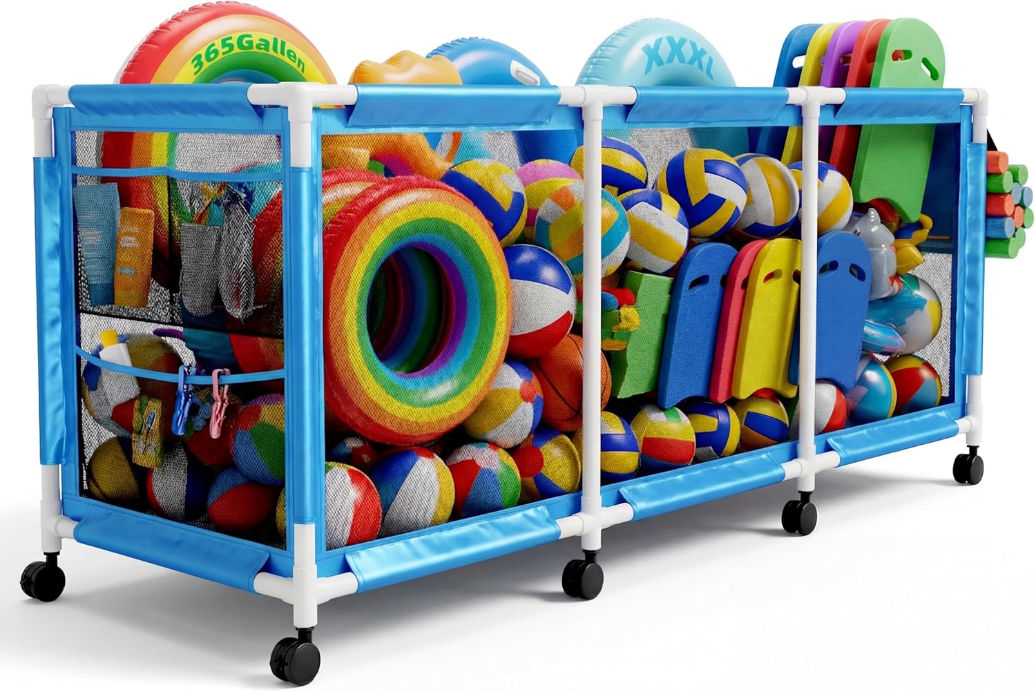 Jotesnew 365 Gallon 103' Pool Storage Bin XXXL Extra Large Swimming Pool Float Storage Bin, Pool Noodles Holder, Toys, Floats and Balls Mesh Rolling Storage Organizer Bin, 103' Lx32 Wx35 H (Blue)
