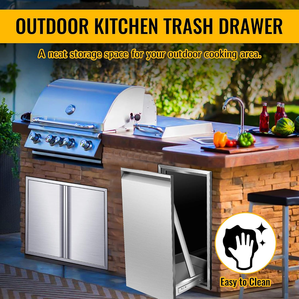 Built-in Single Trash Drawer 14' W x 27' H x 20' D, Pull-Out Tray Outdoor Kitchen Stainless Steel Trash Drawer Storage One Trash Bin for BBQ Island Grill Station
