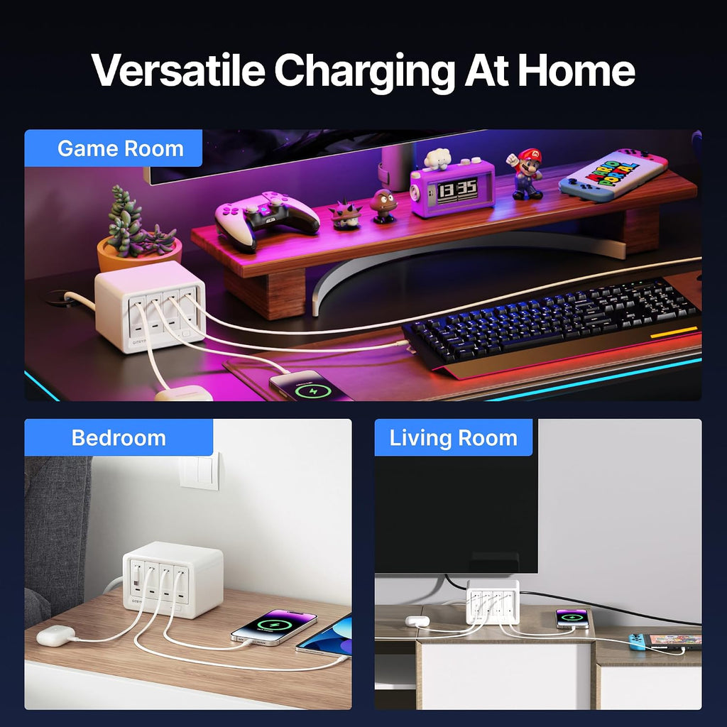 Gitryin 10-in-1 Desktop Charging Station with 2 Retractable Wall Chargers, 40W USB-C Power Strip with 6 AC, 2 USB C, 2 Type-C 33.5in Cables, Extension Cord with 1020J Surge Protection for Home Office