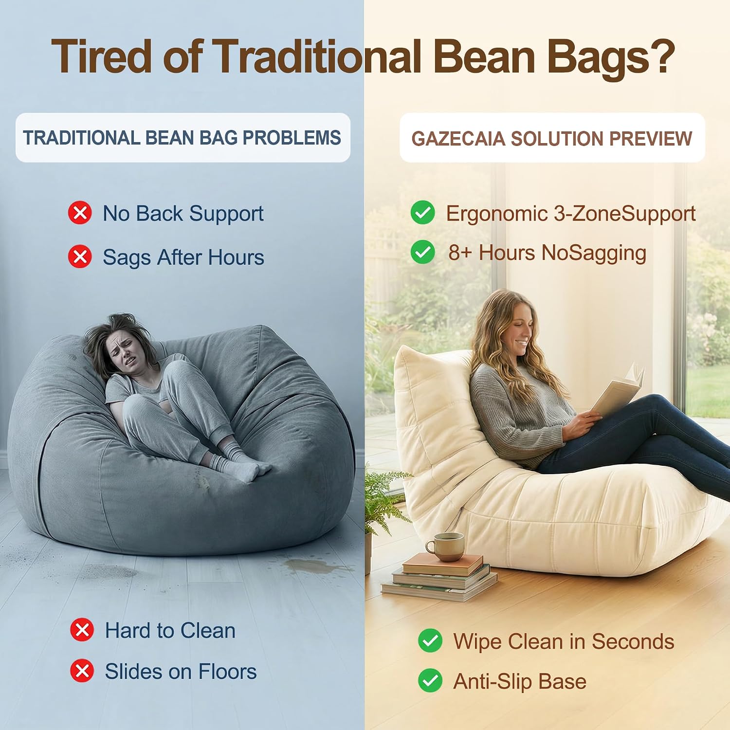 Gazecaia Comfy Bean Bag Chair for Adults Teens | Fireside Floor Lounge Chair, Soft Suede High-Resilience Memory Foam Bean Bag Couch with Non-Slip Base, for Living Room Bedroom Apartment Office, White