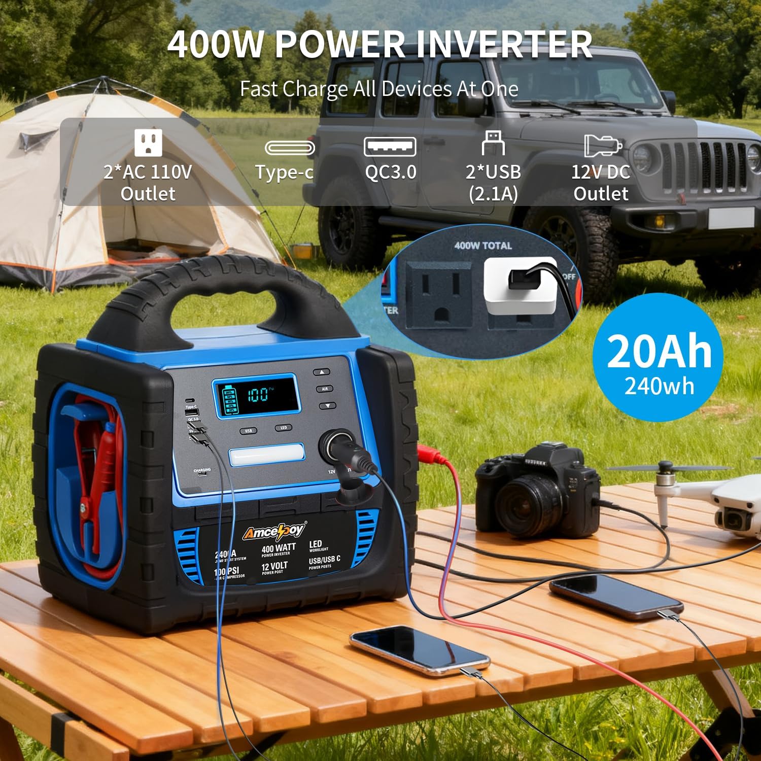 2400A Car Battery Jump Starter and Portable Power Station – Starts 8.0L Gas & 8.0L Diesel – 6-in-1 Jump Starter with Air Compressor 100 PSI Tire Inflator – 400 Watt Inverter AC/DC/USB Outlets