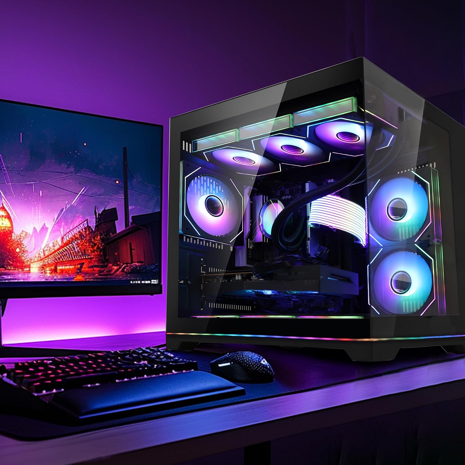 Ocean Park Black AI Gaming PC Gamer Desktop Computer, AMD Ryzen 7 9800X3D 8-Core 4.7GHz, RTX 5060 8GB, 16GB DDR5, 1TB PCIe SSD, 850W PSU, 360mm AIO & APP RGB Fan Control, Windows 11