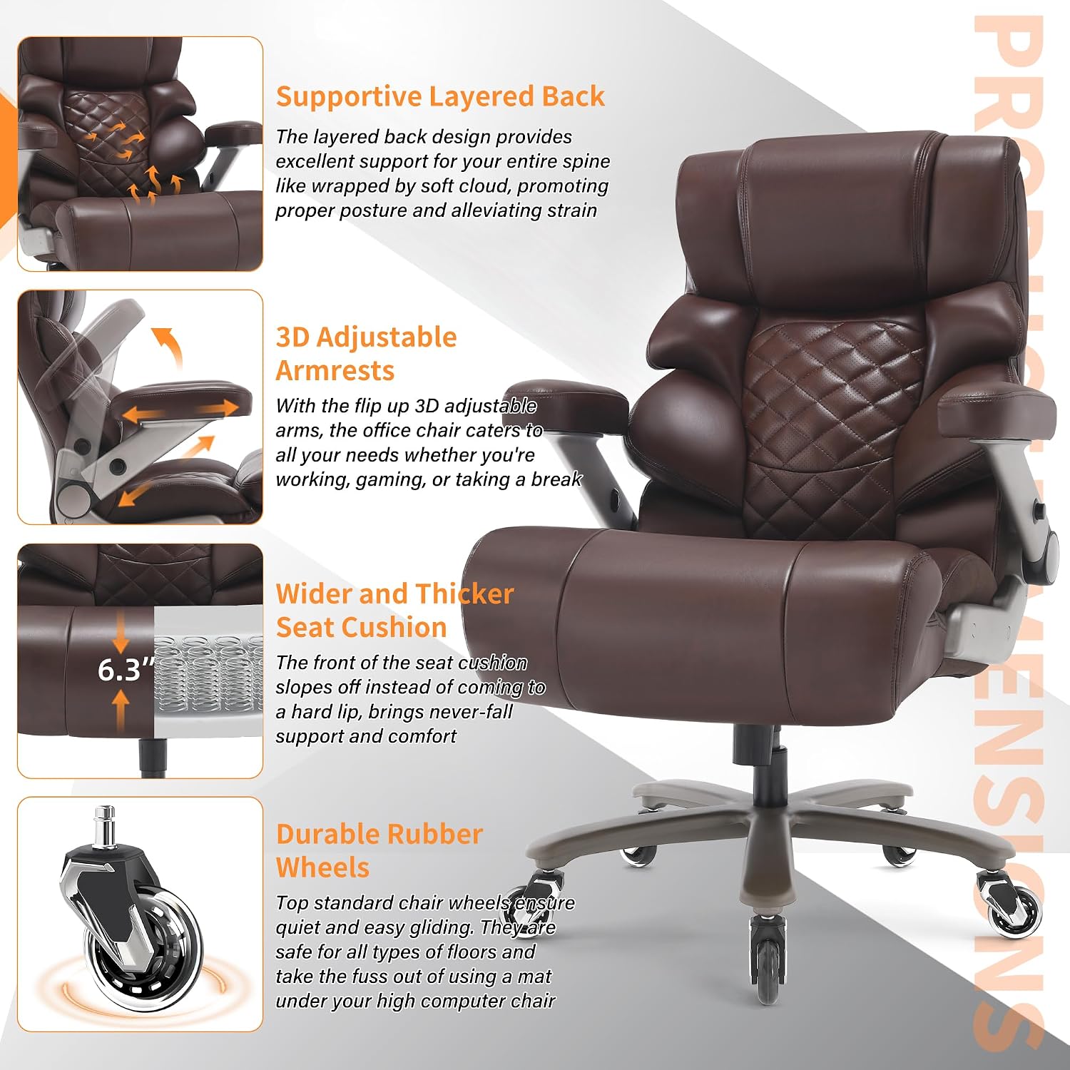VUZI 700lbs Big and Tall Office Chair-Large Computer Chair with Adjustable Lumbar Support 3D Flip Arms Plus Size Wheels, High Back Executive Desk Chair, Heavy Duty Metal Base, Thick Padded Wide Seat