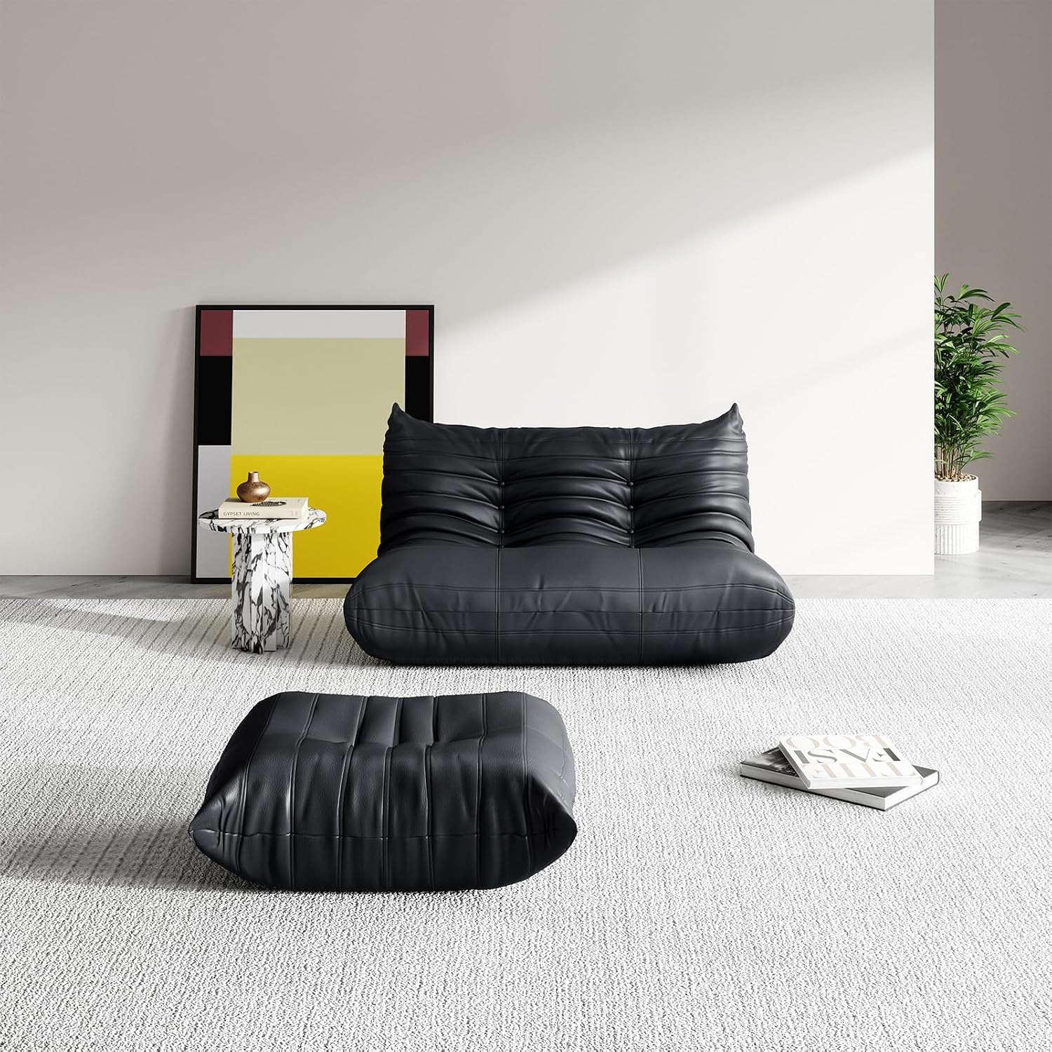 Foam Bean Bag Chairs for Adults,Big Faux Leather Bean Bag Lounger Couches, Modern Sofa,Floor Lazy Sponge Couch for Living Room Bedroom Dorm Office,Black