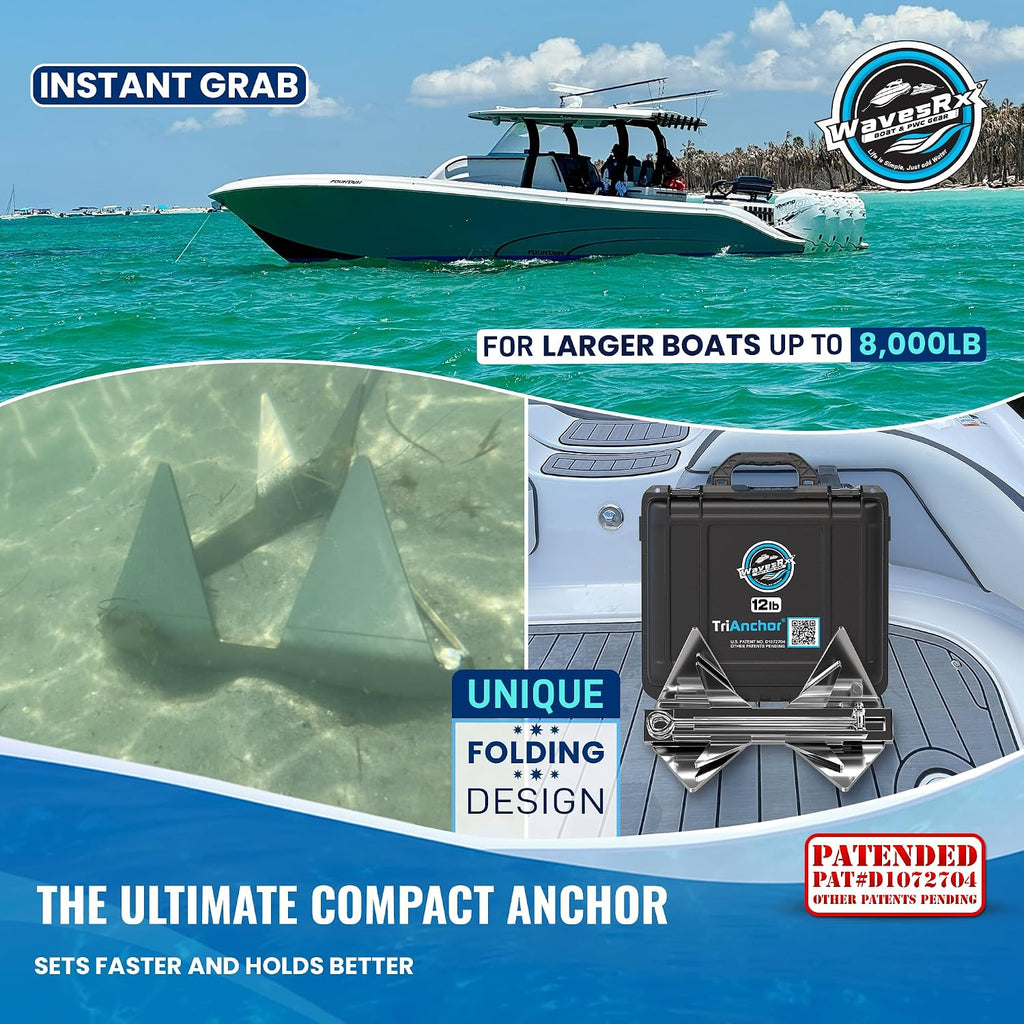 WAVESRX TriAnchor - Stainless Steel Folding PWC & Boat Anchor | Sets Instantly for Effortless Boat & Jet Ski Anchoring | Compact Patent-Pending Design Grips Better Than Plow, Fluke or Box Anchor