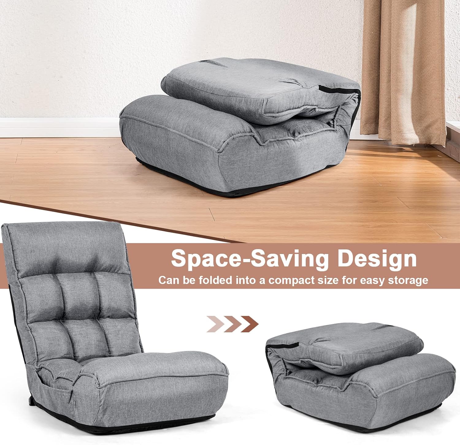 Moccha Folding Floor Chair, Adjustable Sofa Chair with 5-Position Headrest & 4-Position Backrest, Floor Gaming Chairs with Thicken Cushion, Padded Chaise Lounge for Bedroom, Living Room, Gray