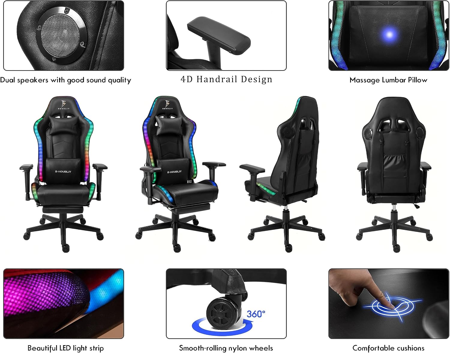 Massage Video Gaming Chair with Speaker and RGB LED Light, Ergonomic Racing Computer Gaming Chair with Footrest and Massage Lumbar Support, PU Leather, Gaming Chair for Adults.,Red