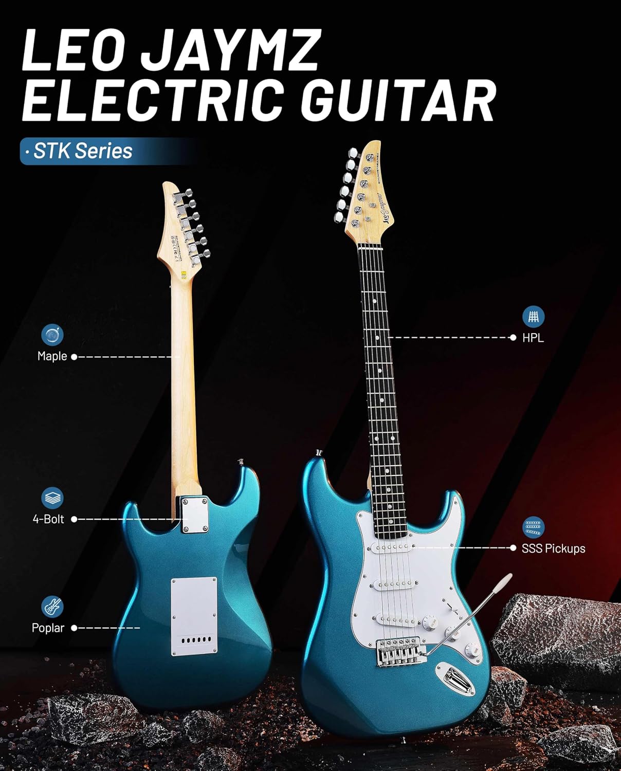 Leo Jaymz Beginner Electric Guitar Complete Kit with Portable Amp, Padded Gig Bag & Full Accessories, Maple Neck SSS Pickups(Blue)