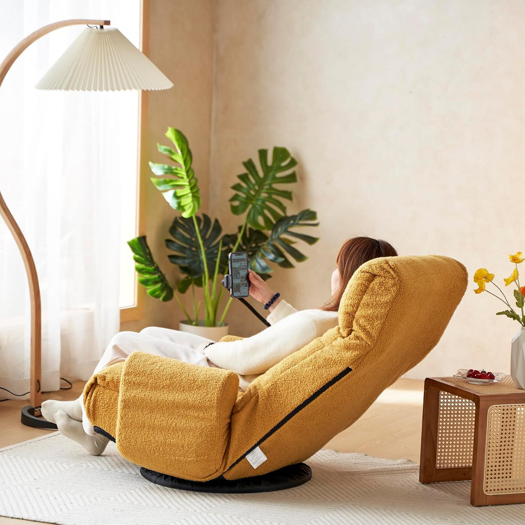 Lounge Sofa Chair with Side Pocket Armrests & Phone Holder. Gaming Chair for TV, Reading,Video,Games.Indoor Floor Chaise in Livingroom, Bedroom.Adjustable Foldable Backres&360° Swivel (Yellow)