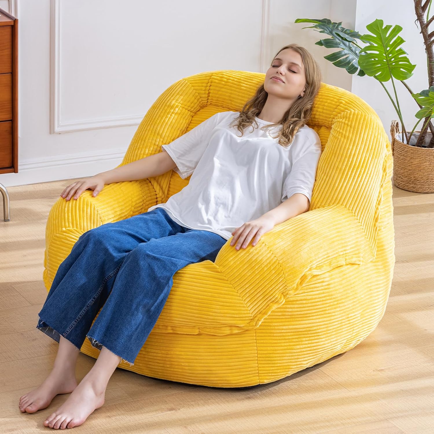 Giant Bean Bag Chair with Armrests - Oversized Cozy Seating for Adults, Corduroy Fabric & High-Resilience Foam Filling, Ideal Lounge for Living Room, Bedroom & Gaming Room (Corn Yellow)