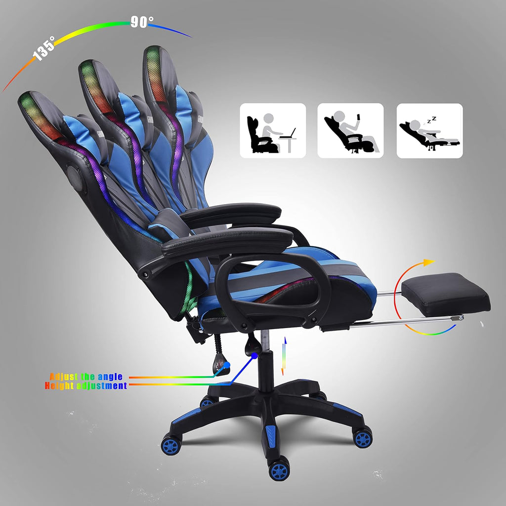 Massage Gaming Chair with Speakers and LED Light, Ergonomic Computer Gaming Chair with Footrest and Adjustable Lumbar Support, PU Leather, 90°-135°, Racing Video Gaming Chair.,Blue