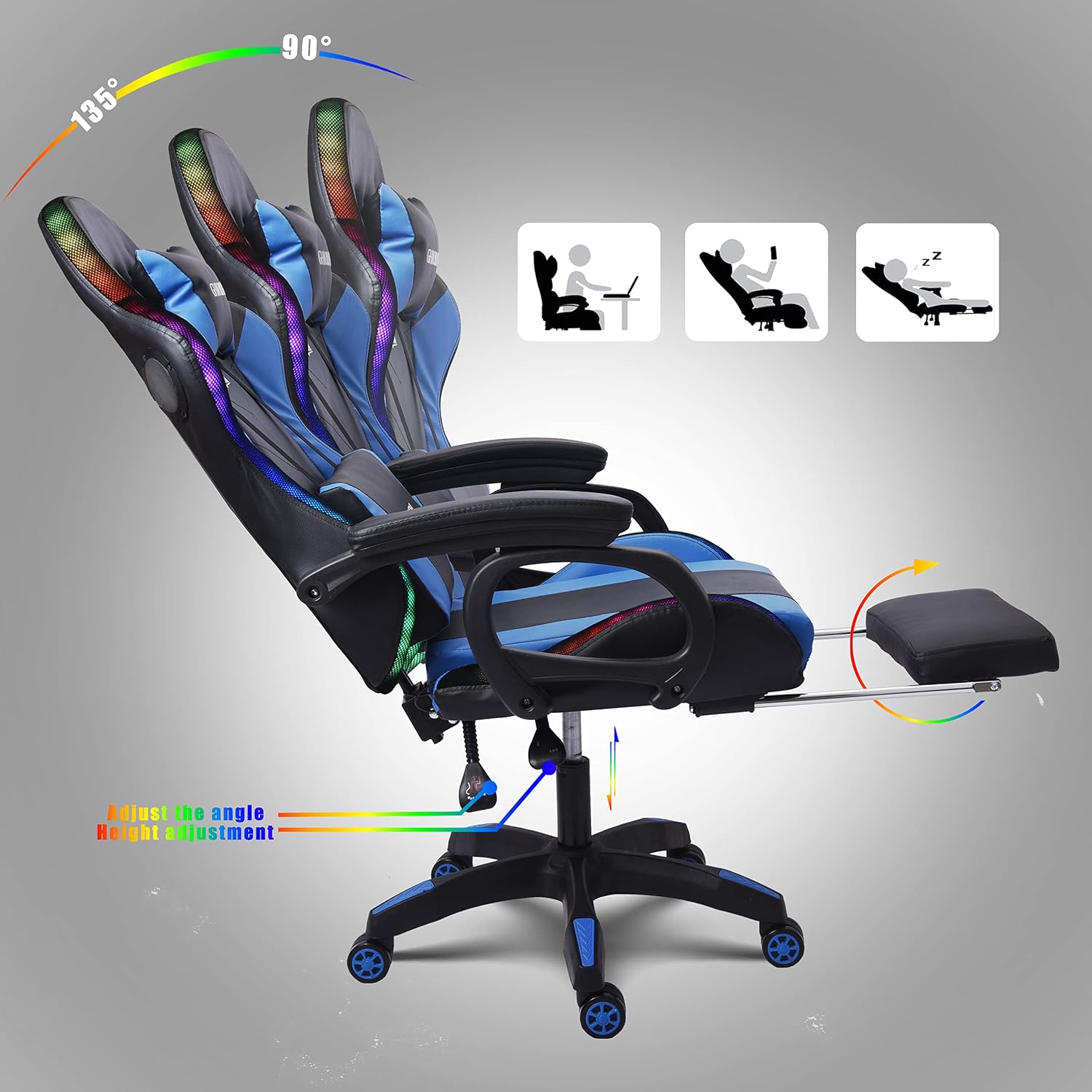 Massage Gaming Chair with Speakers and LED Light, Ergonomic Computer Gaming Chair with Footrest and Adjustable Lumbar Support, PU Leather, 90°-135°, Racing Video Gaming Chair.,Blue