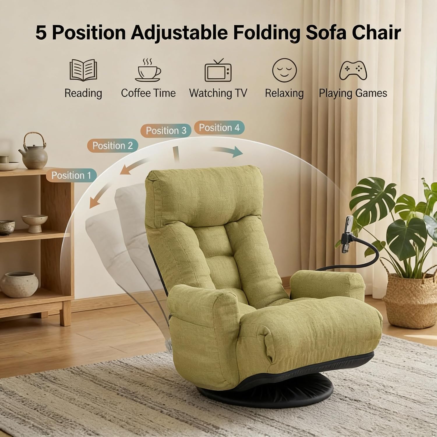 Gaming Chair Floor Sofa, Gaming Lounge Chair with 14-Section Head & 3-Section Waist Adjustment, 360° Swivel & Spring Seat for Gaming, Napping, Reading, Dorm, Small Apartment (Green)