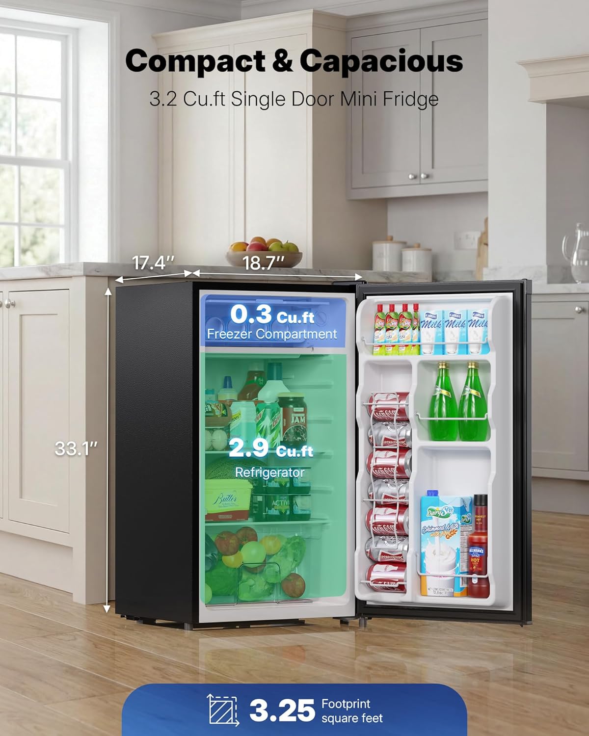 Upstreman 3.2 Cu.Ft Mini Fridge with Freezer, Quiet Efficient Small Fridge, Compact Refrigerator with Adjustable Thermostat, for Dorm, Bedroom, Office, Black-BR321