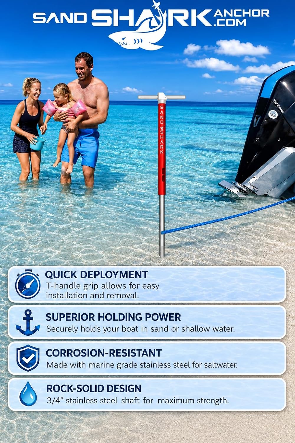 SandShark Anchor - Premium Screw in Boat Anchor, Pontoon Boat Anchor, Stainless Steel Shallow Water Anchor Pole, Sand Anchor w/Case - Essential Pontoon Boat Accessories