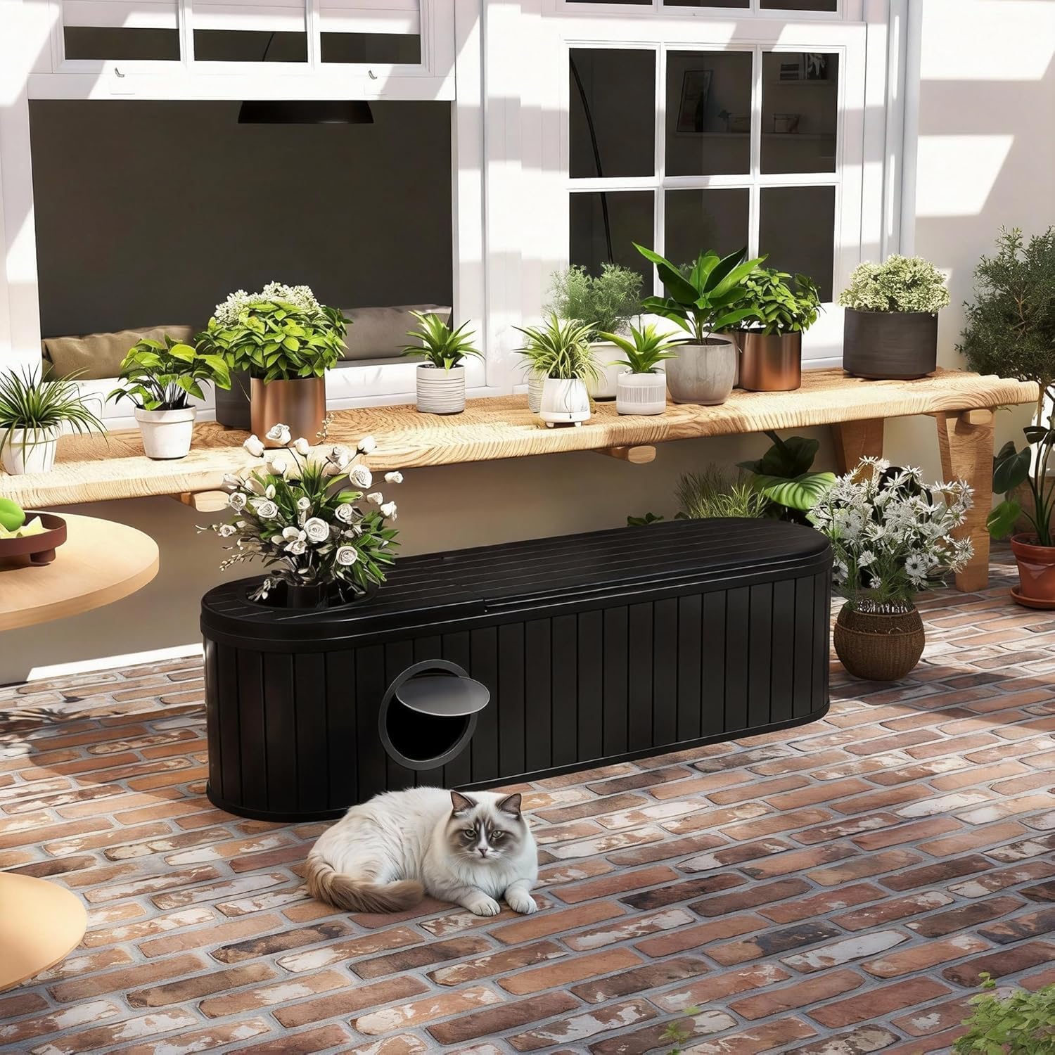 71 Gallon Storage Bench Deck Box Resin Patio Furniture with Armrest, Waterproof and UV Resistant Lockable for Patio Furniture, Garden Decor and Outdoor Seating for Cushions, Garden Tools