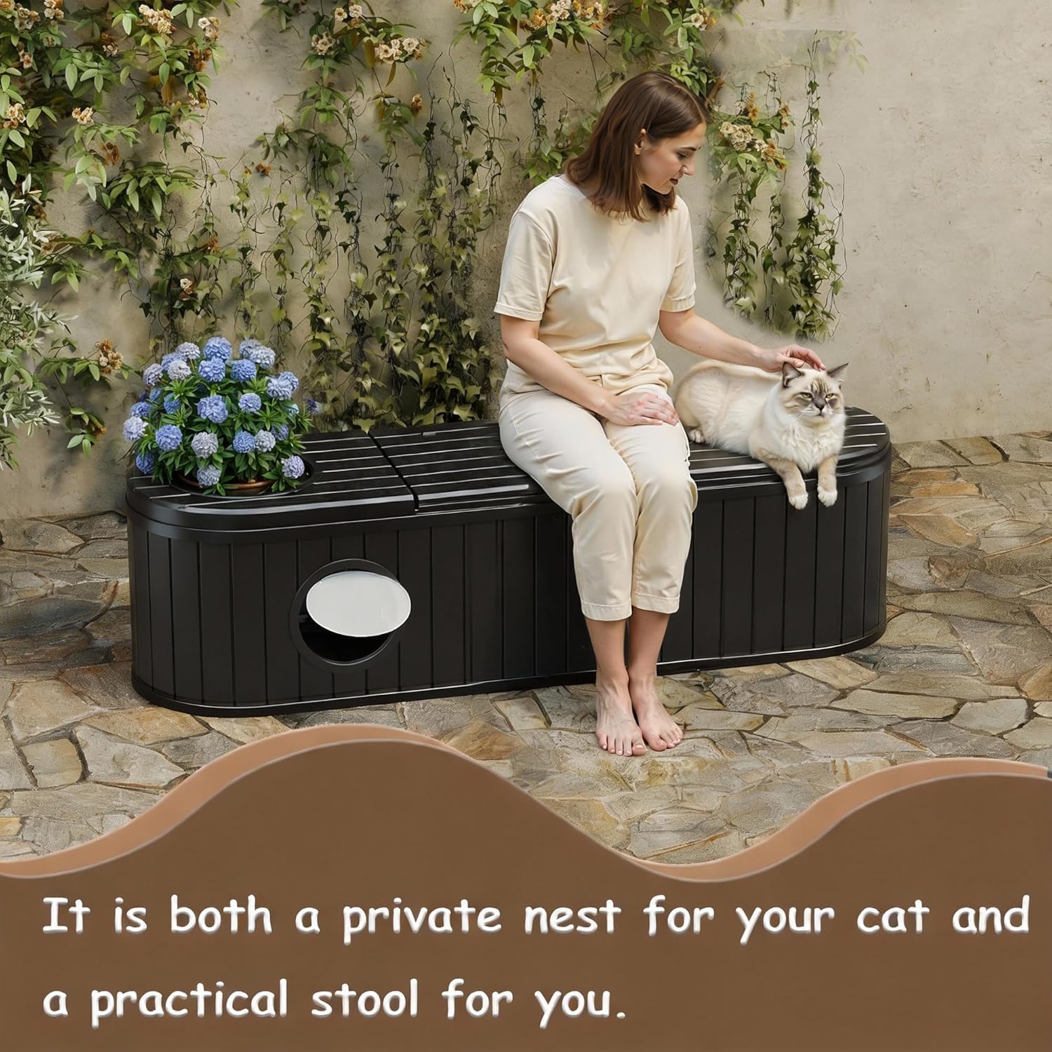 71 Gallon Storage Bench Deck Box Resin Patio Furniture with Armrest, Waterproof and UV Resistant Lockable for Patio Furniture, Garden Decor and Outdoor Seating for Cushions, Garden Tools
