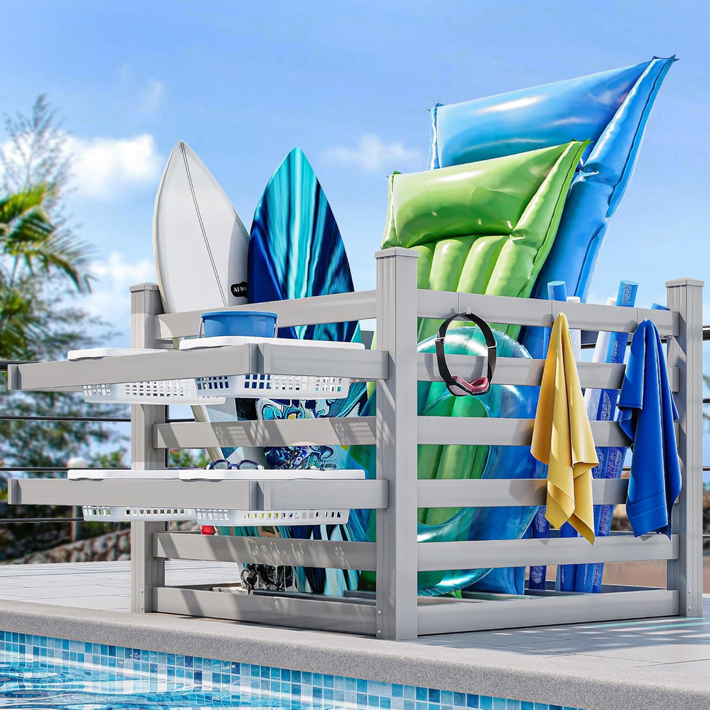 YITAHOME 64' W x 47' L x 39' H Poolside Deckbox Storage Organizer with 6 Movable Hooks, Outdoor Waterproof Pool Storage Bins (Light Gray)