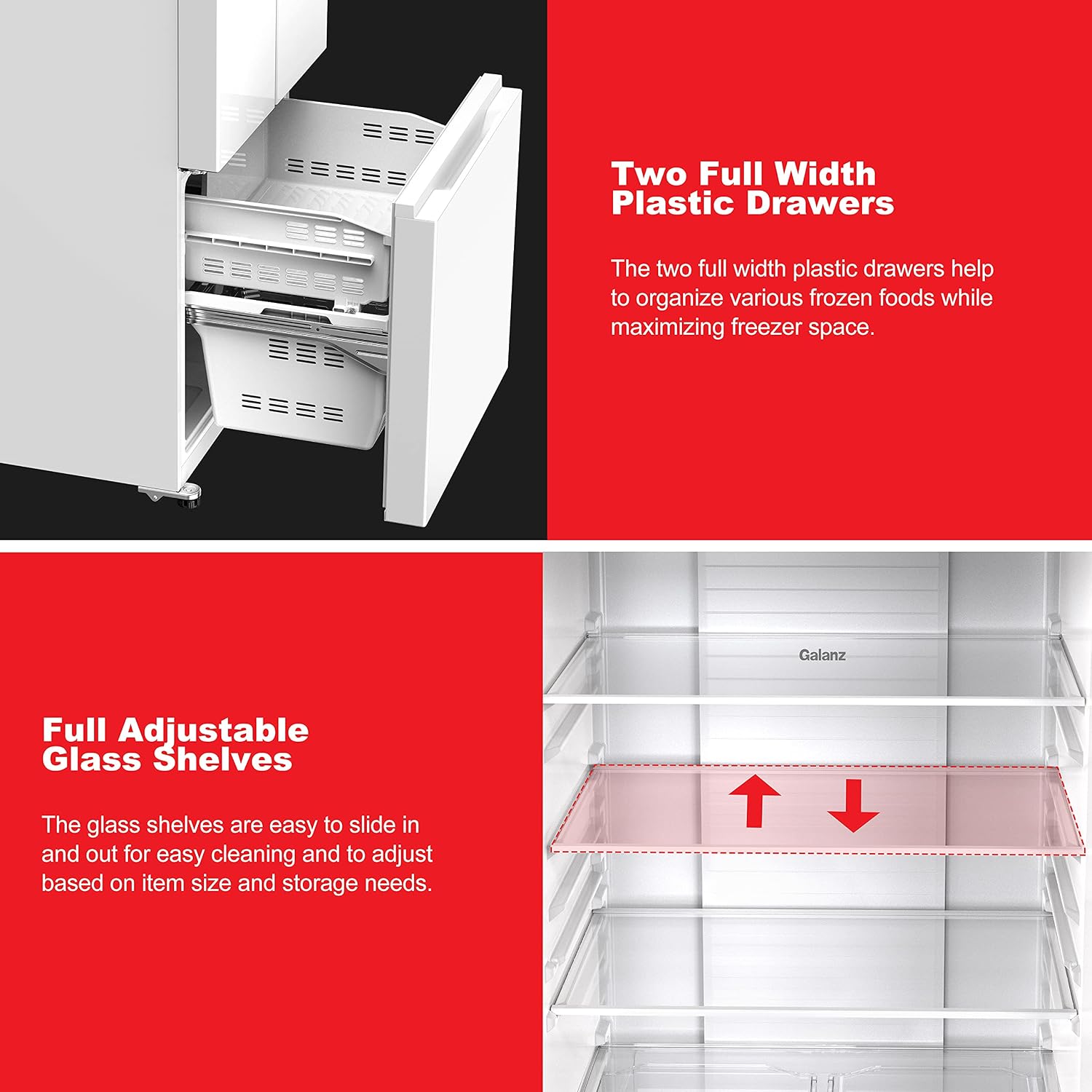 Galanz 3-Door French Door Refrigerator with Bottom Freezer & Adjustable Thermostat, 16 Cu Ft, White