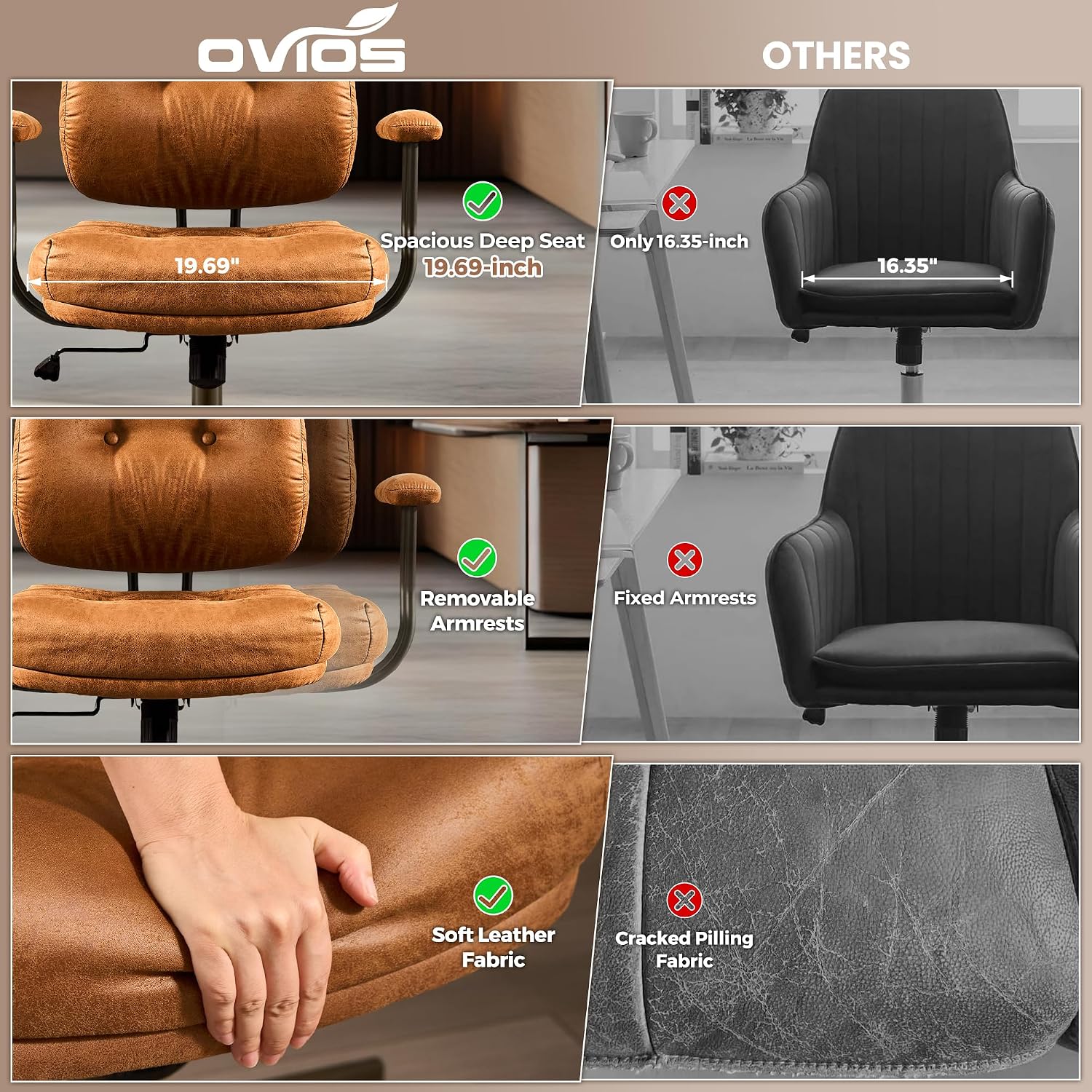 ovios Ergonomic Office Chair, Mid Back Faux Leather Executive Chairs with Thick Cushion, Comfy Mid-Century Modern Swivel Rolling Computer Armchair (Brown, Suede Leather)
