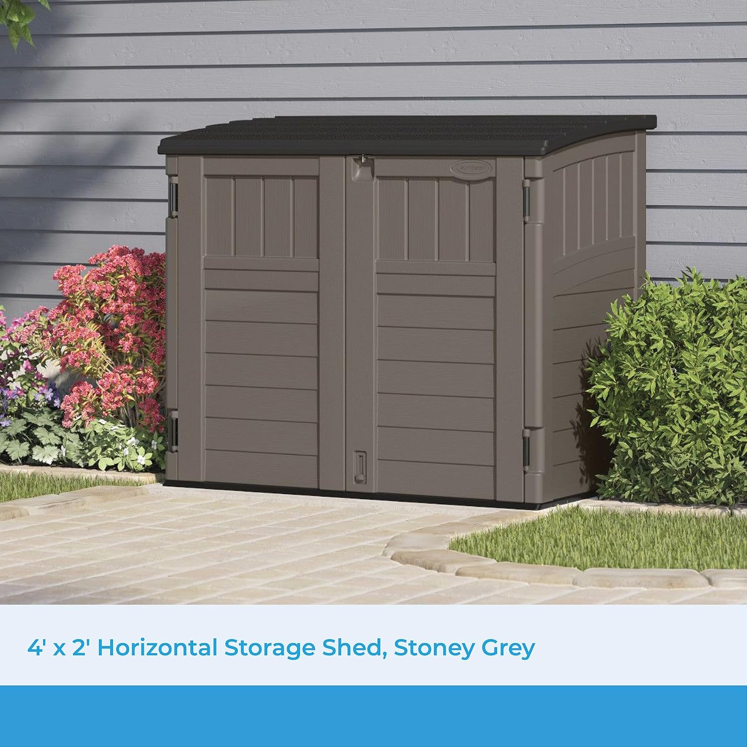 Suncast Modernist 4' x 2.5' Lockable Outdoor Garden Resin Low Profile Horizontal Storage Shed with 3 Doors, 34 Cubic Feet, Gray & 54 cu. ft Resin Vertical Lockable Storage Shed, Stoney, BMS5700SB