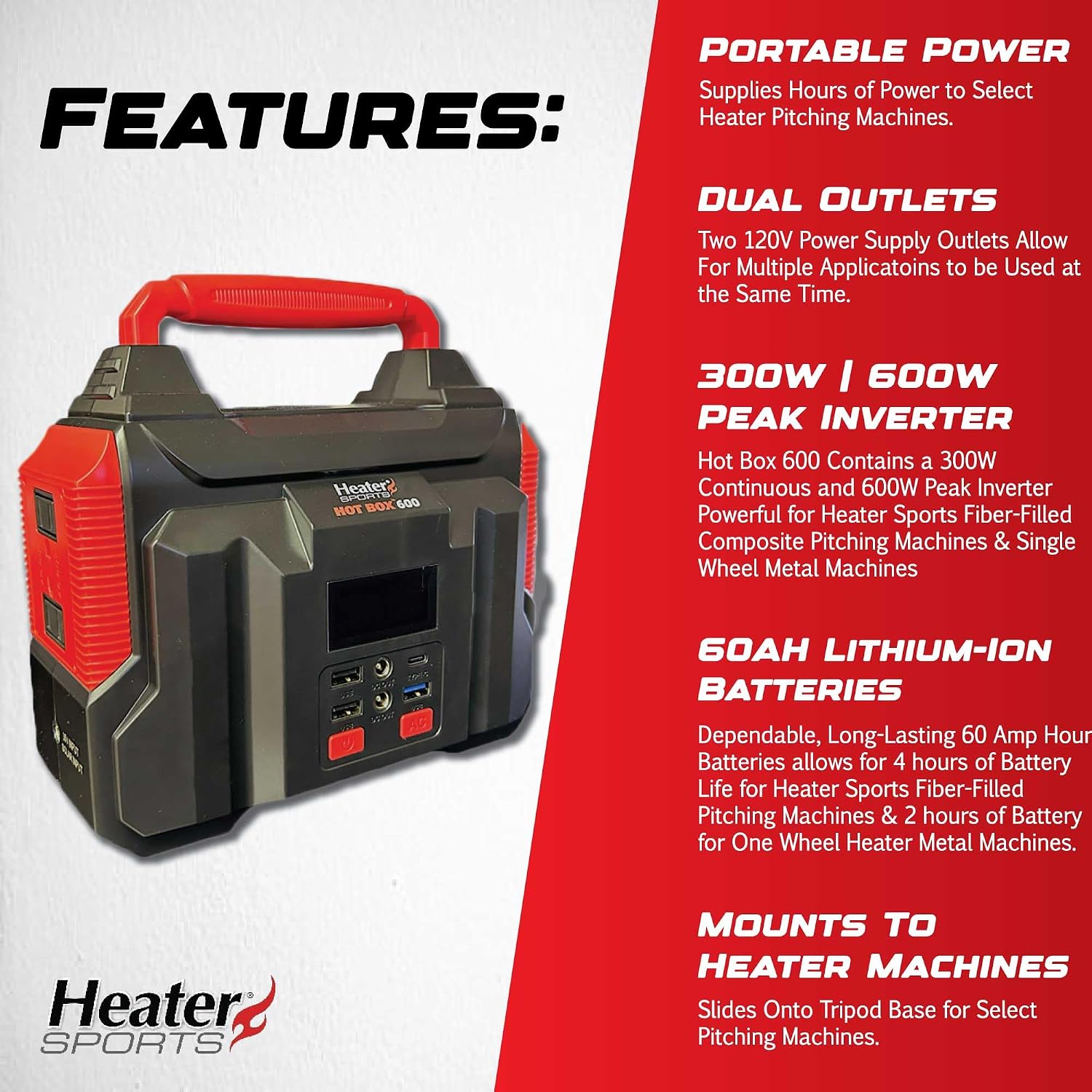 Heater Sports Hot Box 600 Portable Power Supply to Supply Power to Select Pitching Machines for Up to 2 Hours or 4 Hours Run Time