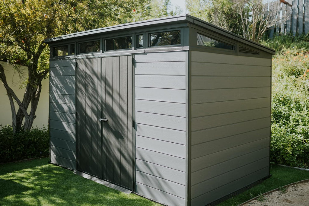 Keter Cortina 11x7 Ft All-Weather Storage Shed with Skylight, Window, Built-in Ventilation, Customizable Walls, & Lockable Double Doors, Graphite