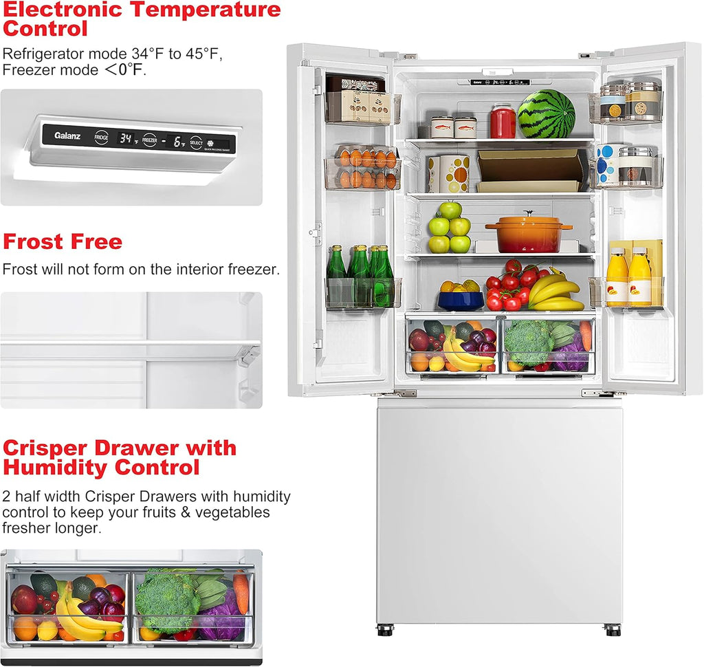 Galanz 3-Door French Door Refrigerator with Bottom Freezer & Adjustable Thermostat, 16 Cu Ft, White