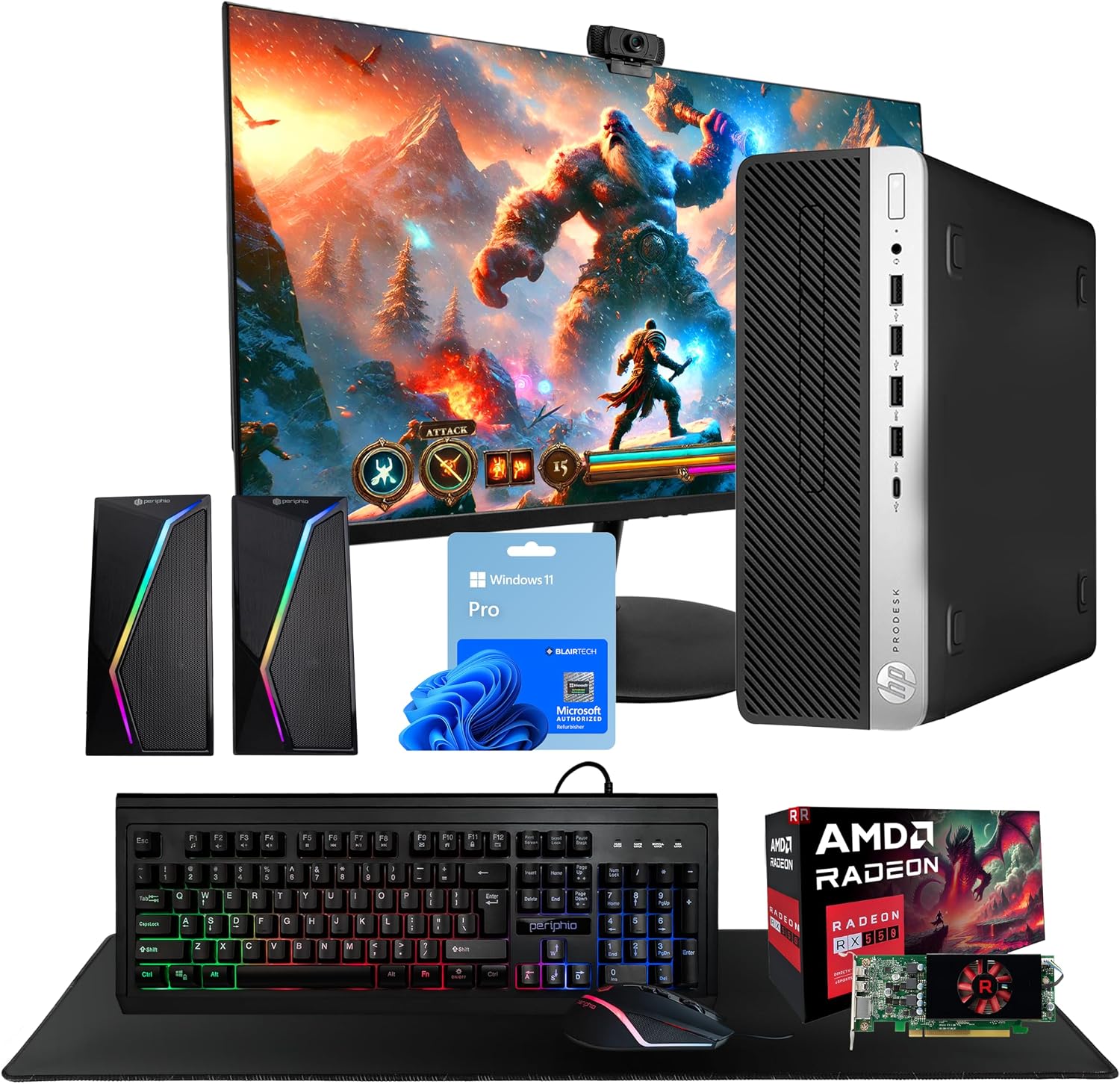 HP 600G4 Gaming Bundle | Intel Core i5-8500 | 16GB RAM | 500GB SSD | Windows 11 Pro | AX200 WiFi+Bluetooth | Periphio RGB Keyboard & Mouse | RGB Speakers | 2K Webcam | 24' New HD Monitor (Renewed)