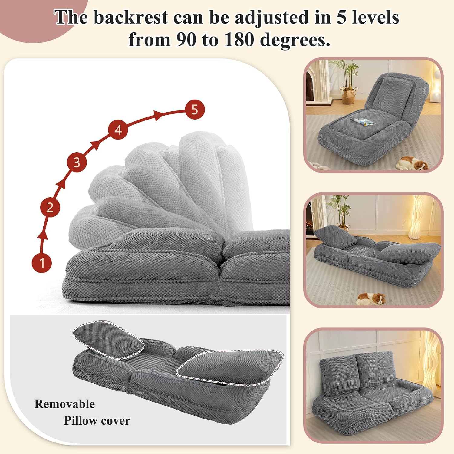 Human Dog Bed, Lazy Sofa Couch, Plush Floor Gaming Chair,5 Adjustable Position, sit, Sleep, fold, Suit to Put in Bedroom, Living Room,Space Saving Design (Gray)