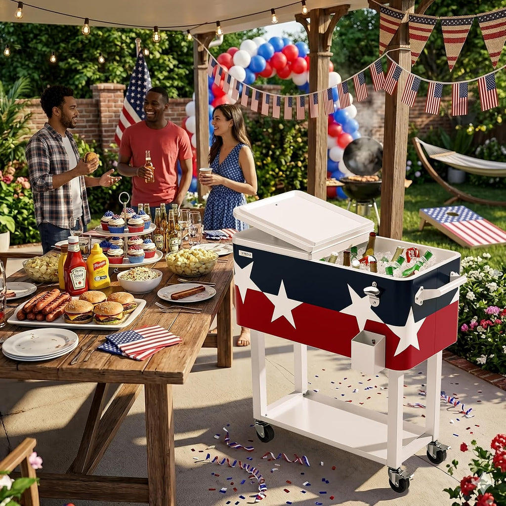 VINGLI Rolling Ice Chest, Portable Patio Party Bar Drink Cooler Cart, with Shelf, Beverage Pool with Bottle Opener