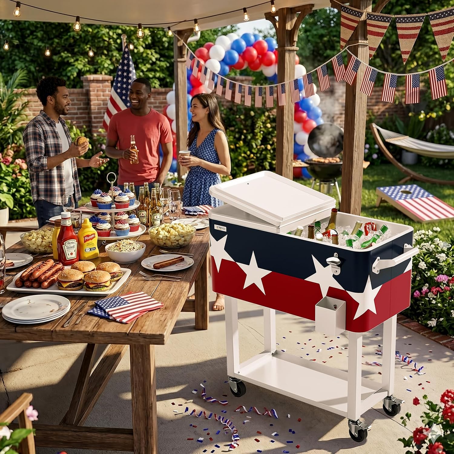 VINGLI Rolling Ice Chest, Portable Patio Party Bar Drink Cooler Cart, with Shelf, Beverage Pool with Bottle Opener