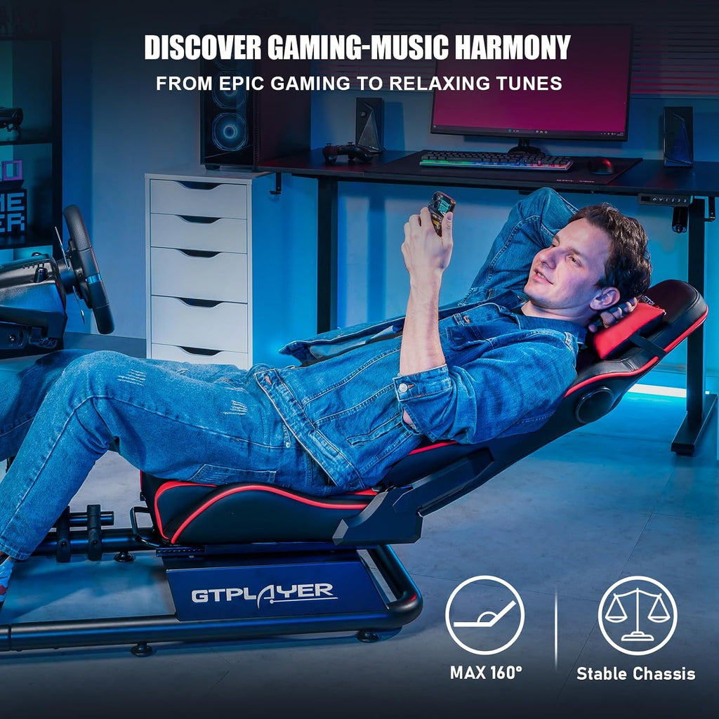 GTPLAYER Racing Simulator Cockpit with Seat and Bluetooth Speakers, Racing Style Reclining Seat and Ultra-Sturdy Alloy Steel Frame (Red)
