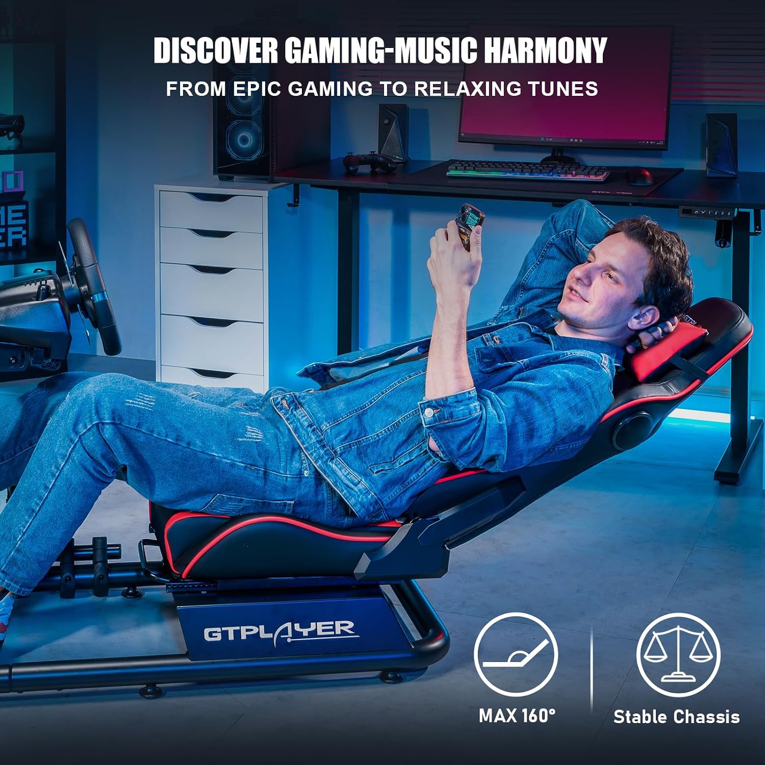 GTPLAYER Racing Simulator Cockpit with Seat and Bluetooth Speakers, Racing Style Reclining Seat and Ultra-Sturdy Alloy Steel Frame (Red)