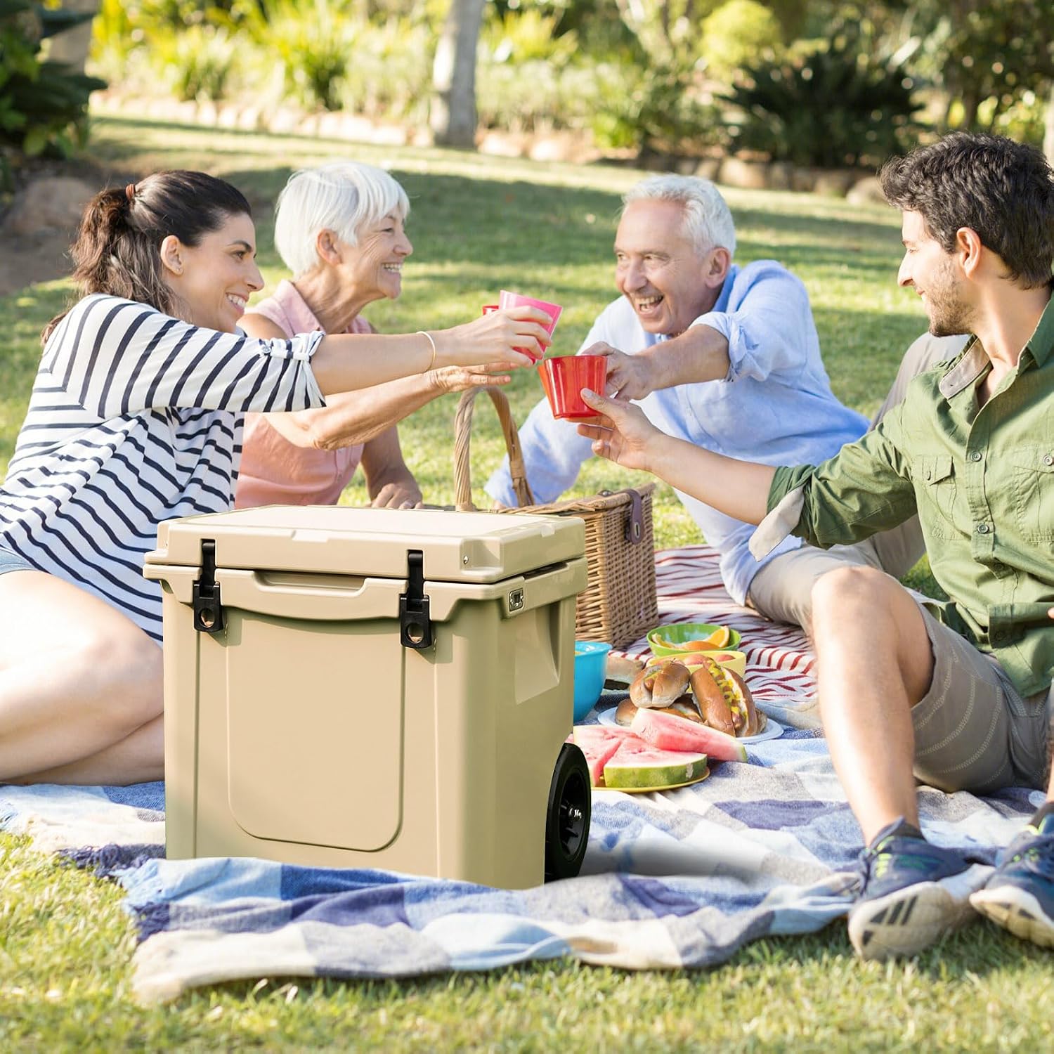 Goplus Cooler with Wheels, Insulated Large Ice Chest with Portable Handles, Cup Holders, Leak-Proof Tight Latches, 5-7-day Ice Retention, Heavy Duty Hard Coolers for Beach Camping Boat