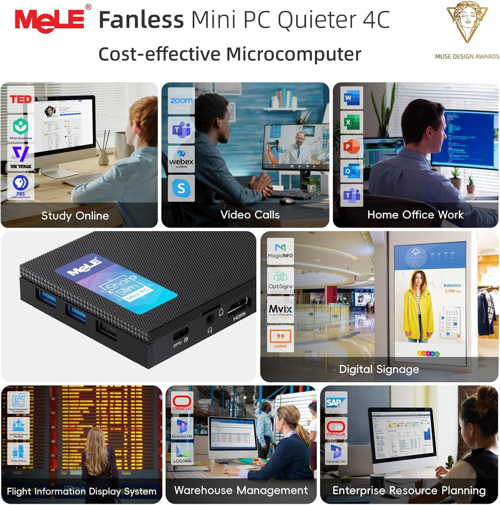 MeLE Quieter4C Fanless N150 Mini PC 8GB LPDDR5 128GB eMMC Win11pro Ultrathin Micro PC 2X HDMI + USB-C 4K Triple Display 2.4G/5GHz WiFi BT5.1 GbE Small Desktop Computer on Office IoT Digital Signage