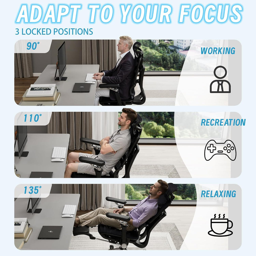 Ergonomic Office Chair with Footrest, High Back Mesh Computer Chair with Lumbar Support, 5-Level Backrest Height, 6D Flip-Up Arms for Home & Gaming Desk (Black Mesh One-piece Lumbar Support)