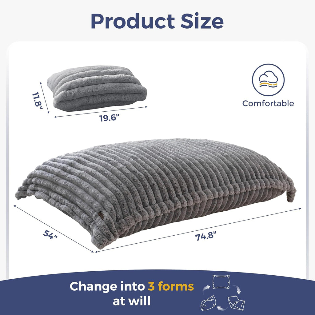 MAXYOYO Giant Bean Bag Chair with Pillow, 3 in 1 Convertible Bean Bag Chair for Adults with Washable Cover, Floor Cushion Stuffed Floor Lounger for Living Room Bedroom, Grey, Full